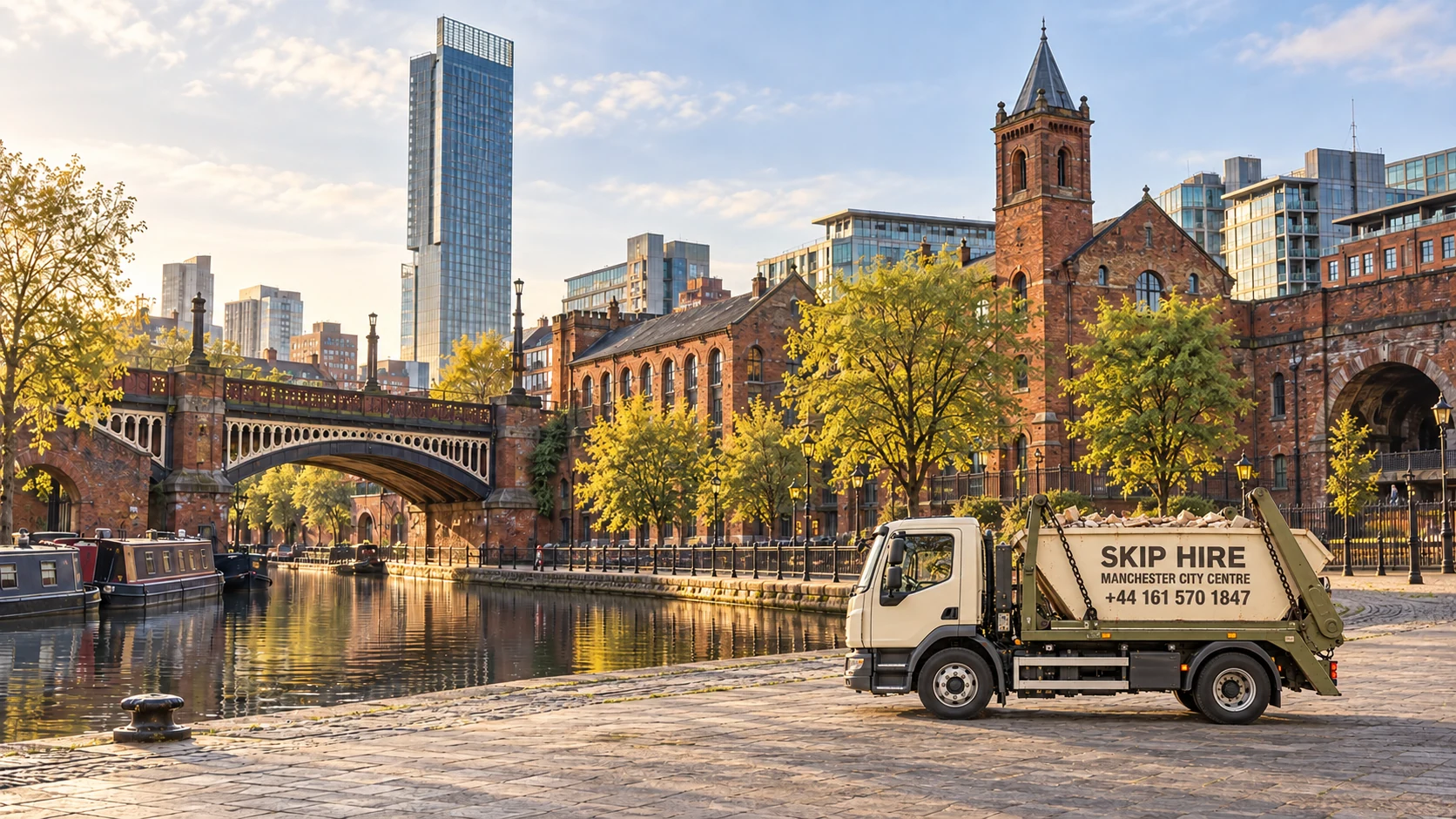 Skip Hire Manchester City Centre truck displaying +44 161 570 1847, with Manchester’s cityscape behind it